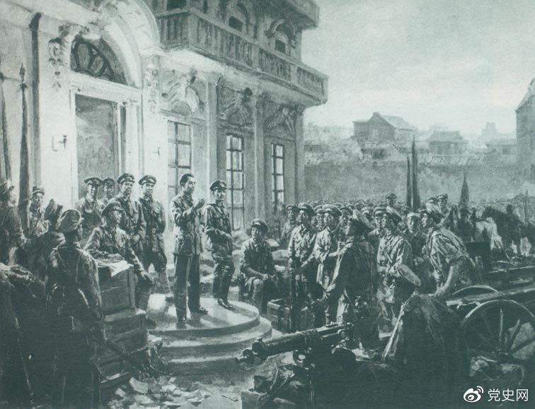 1927年8月1日，南昌起義爆發(fā),標志著(zhù)中國共產(chǎn)黨獨立領(lǐng)導革命戰爭、創(chuàng  )建人民軍隊和武裝奪取政權的開(kāi)端，開(kāi)啟了中國革命新紀元。這是《八一起義》油畫(huà)。